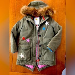 Mini Boden Cosy Rainbow Star Parka Fleece Lined Army Green 9-10 Y